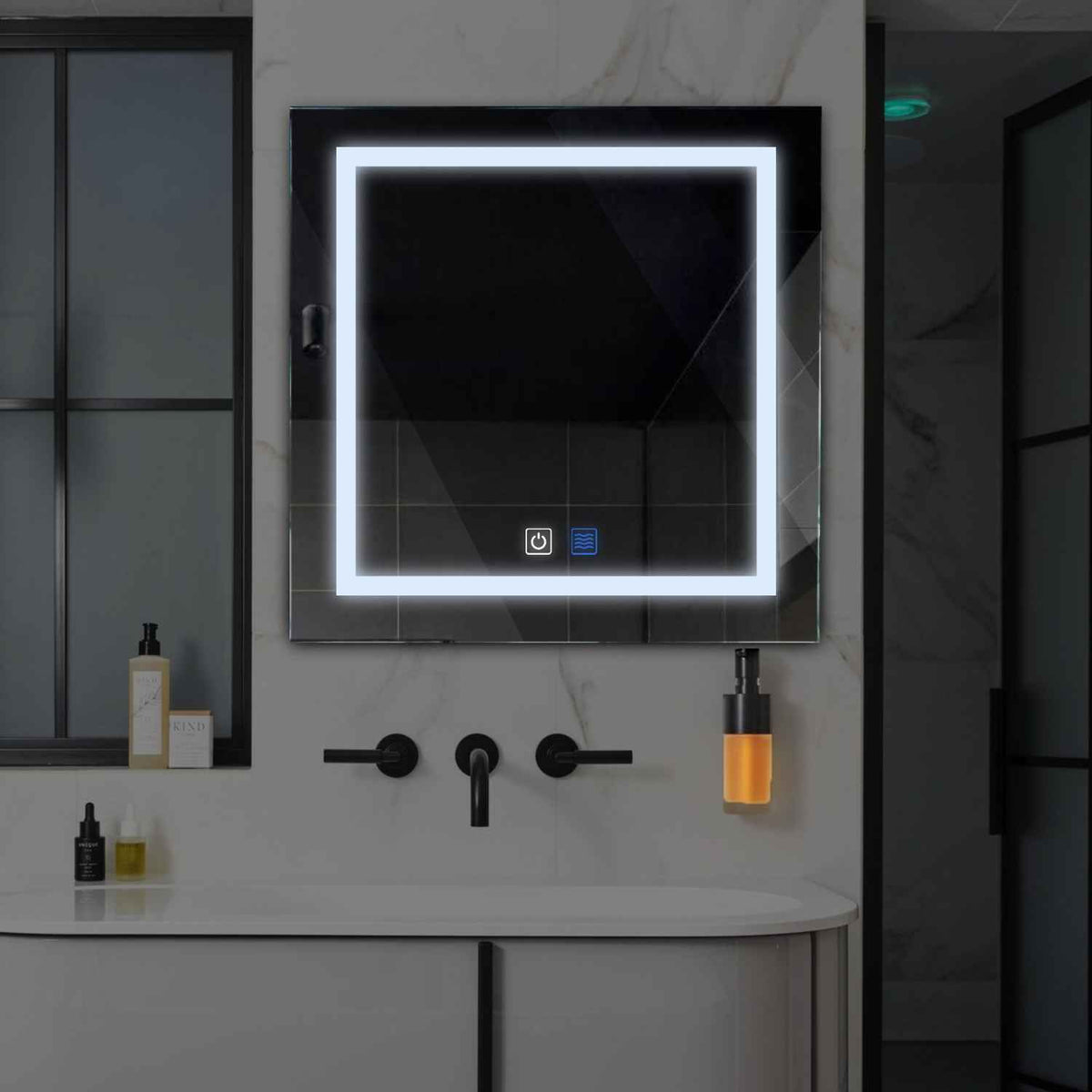 Miroir LED Carré | boutons tactiles | Fonction Anti-Buée | Lumière blanche froide - Reyze Série Salono Modèle 1