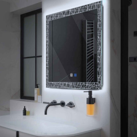 Miroir LED Carré | boutons tactiles | Fonction Anti-Buée | Lumière blanche froide - Reyze Série Simetria Modèle 1