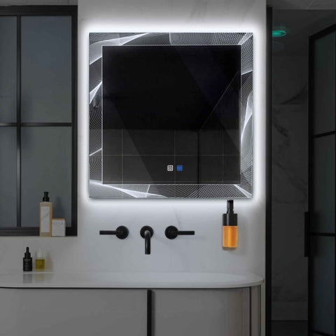 Miroir LED Carré | boutons tactiles | Fonction Anti-Buée | Lumière blanche froide - Reyze Série Simetria Modèle 2