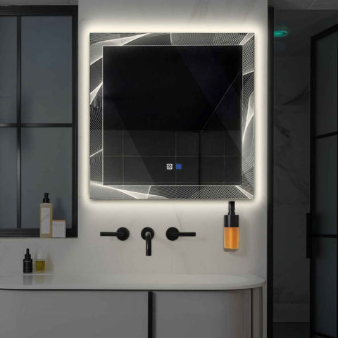 Miroir LED Carré | boutons tactiles | Fonction Anti-Buée | Lumière blanche neutre - Reyze Série Simetria Modèle 2