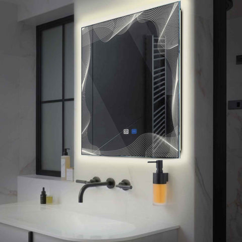 Miroir LED Carré | boutons tactiles | Fonction Anti-Buée | Lumière blanche neutre - Reyze Série Simetria Modèle 3