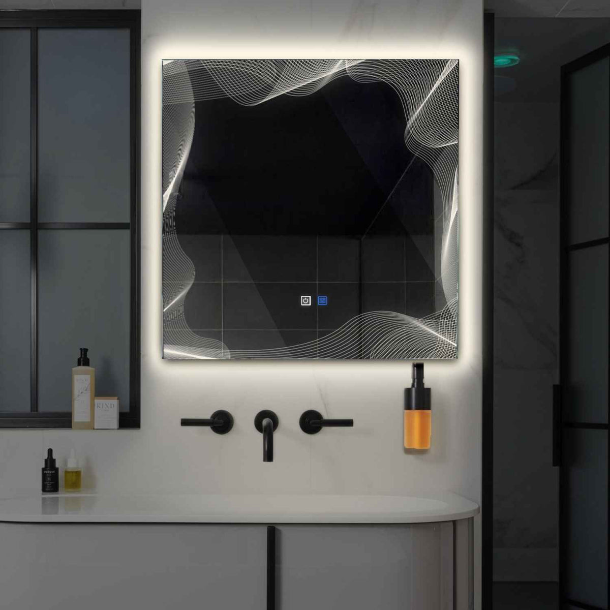 Miroir LED Carré | boutons tactiles | Fonction Anti-Buée | Lumière blanche neutre - Reyze Série Simetria Modèle 3