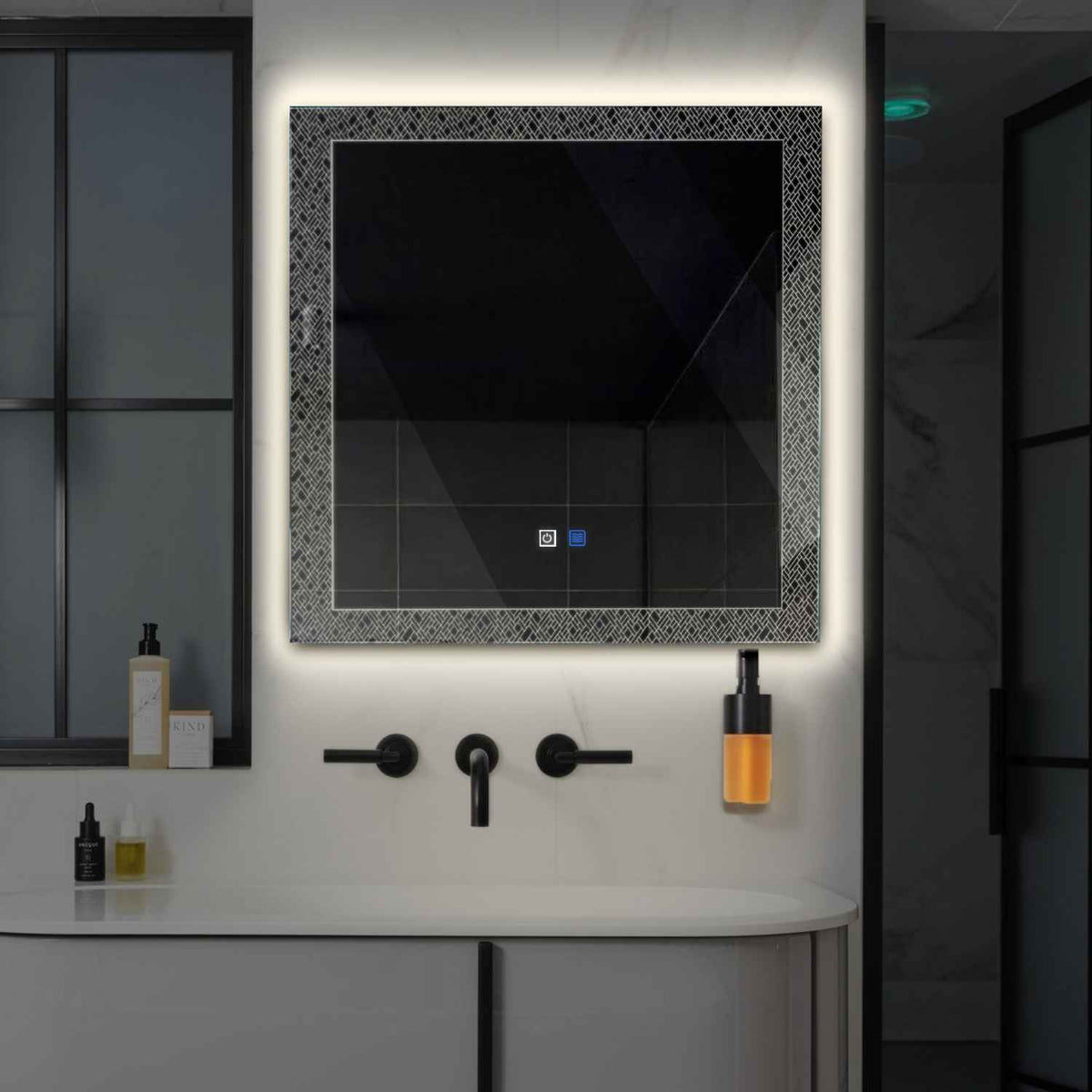 Miroir LED Carré | boutons tactiles | Fonction Anti-Buée | Lumière blanche neutre - Reyze Série Simetria Modèle 5