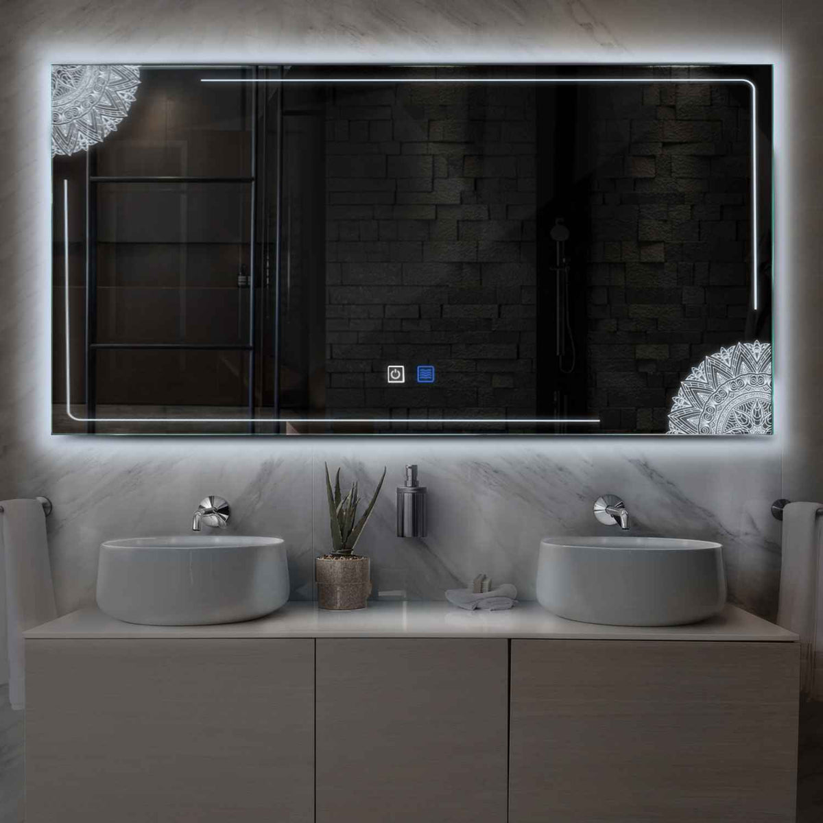 Miroir LED Horizontal | boutons tactiles | Fonction Anti-Buée | Lumière blanche froide - Reyze Série Good Vibes Modèle 7