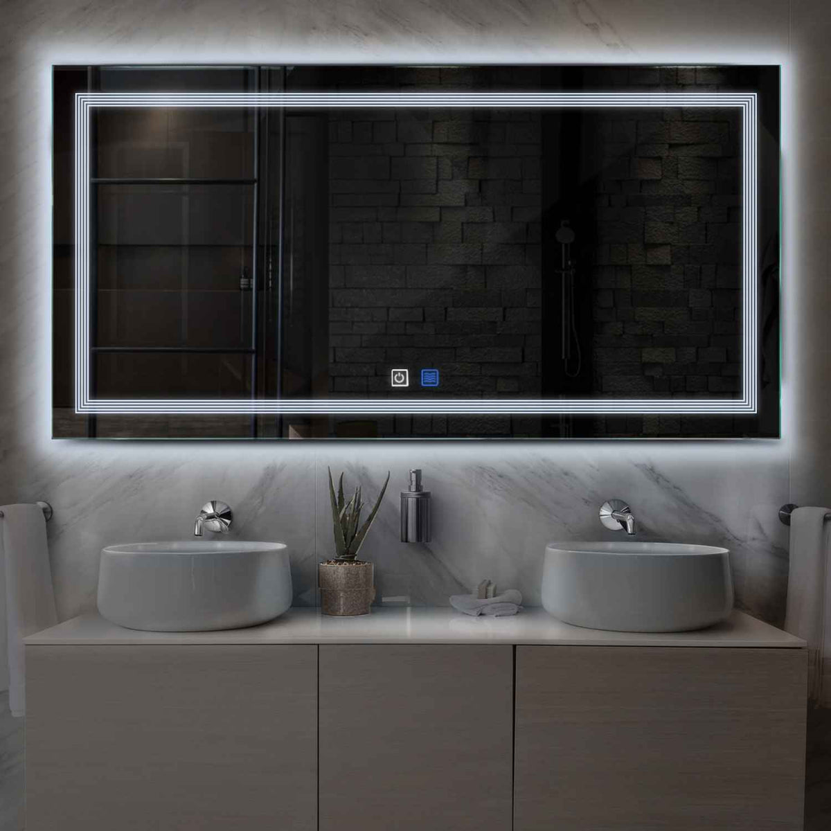 Miroir LED Horizontal | boutons tactiles | Fonction Anti-Buée | Lumière blanche froide - Reyze Série Minimal Modèle 1