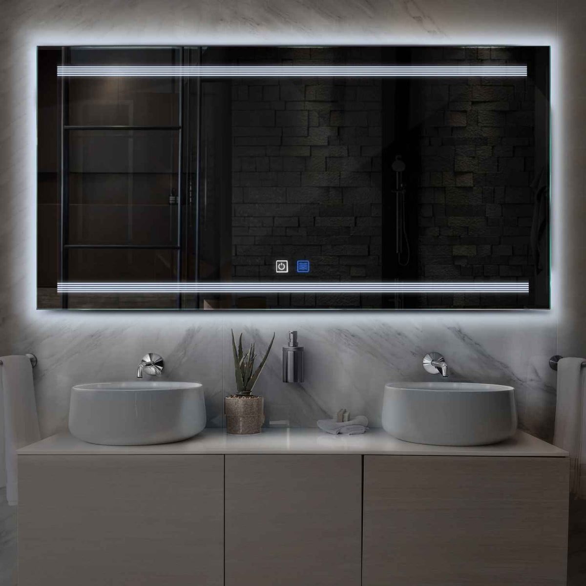 Miroir LED Horizontal | boutons tactiles | Fonction Anti-Buée | Lumière blanche froide - Reyze Série Minimal Modèle 8