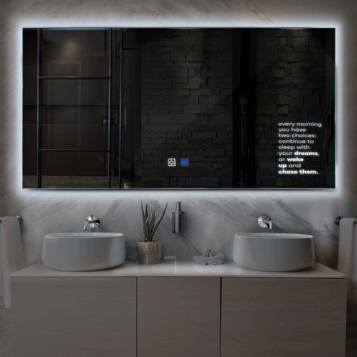 Miroir LED Horizontal | boutons tactiles | Fonction Anti-Buée | Lumière blanche froide - Reyze Série Motivated Modèle 2