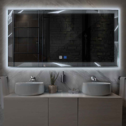 Miroir LED Horizontal | boutons tactiles | Fonction Anti-Buée | Lumière blanche froide - Reyze Série Simetria Modèle 2
