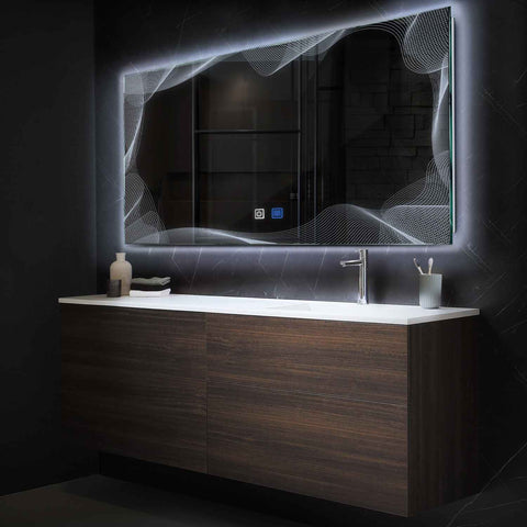 Miroir LED Horizontal | boutons tactiles | Fonction Anti-Buée | Lumière blanche froide - Reyze Série Simetria Modèle 3