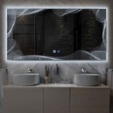 Miroir LED Horizontal | boutons tactiles | Fonction Anti-Buée | Lumière blanche froide - Reyze Série Simetria Modèle 3