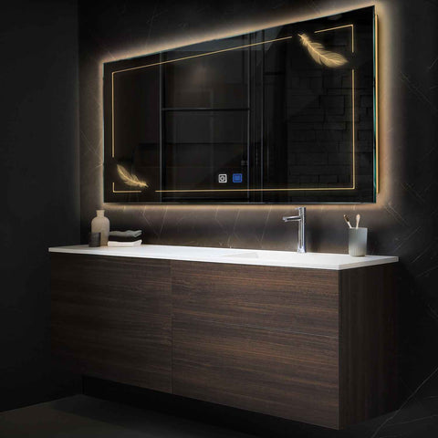 Miroir LED Horizontal | boutons tactiles | Fonction Anti-Buée | Lumière Blanche Chaude - Reyze Série Good Vibes Modèle 2