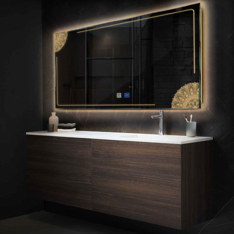 Miroir LED Horizontal | boutons tactiles | Fonction Anti-Buée | Lumière Blanche Chaude - Reyze Série Good Vibes Modèle 7