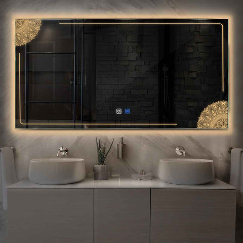 Miroir LED Horizontal | boutons tactiles | Fonction Anti-Buée | Lumière Blanche Chaude - Reyze Série Good Vibes Modèle 7