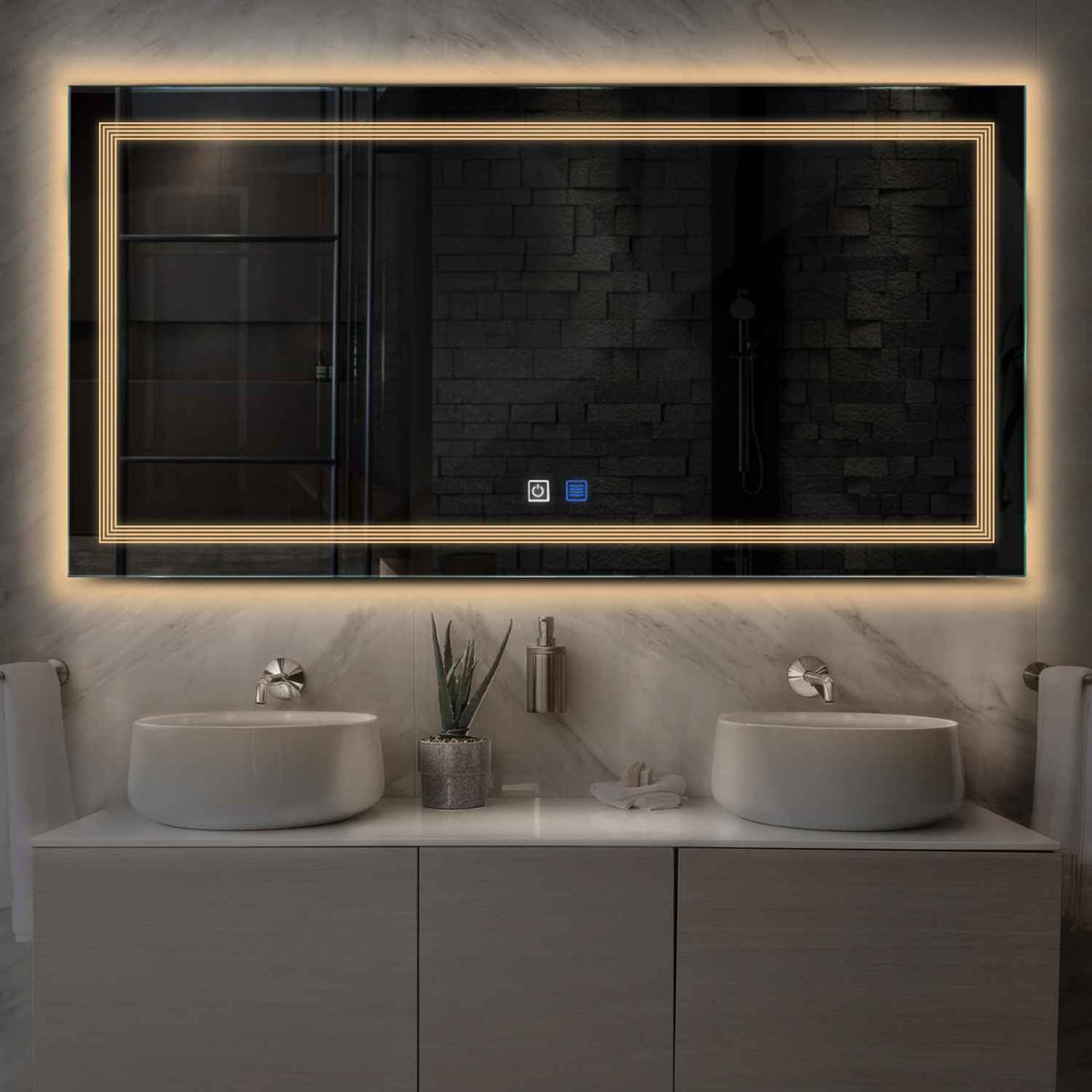 Miroir LED Horizontal | boutons tactiles | Fonction Anti-Buée | Lumière Blanche Chaude - Reyze Série Minimal Modèle 1