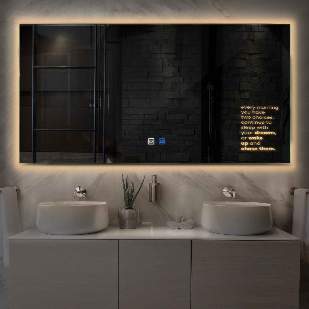 Miroir LED Horizontal | boutons tactiles | Fonction Anti-Buée | Lumière Blanche Chaude - Reyze Série Motivated Modèle 2