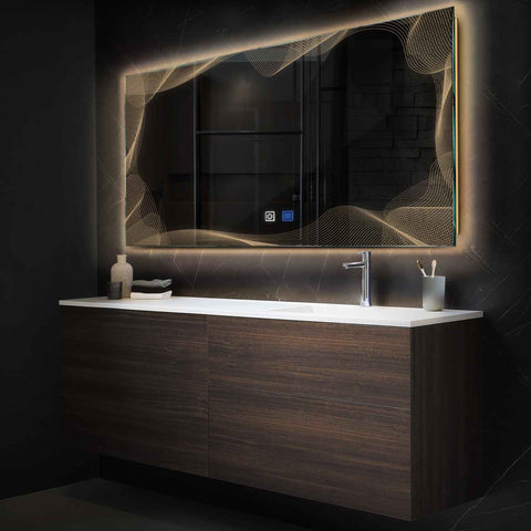Miroir LED Horizontal | boutons tactiles | Fonction Anti-Buée | Lumière Blanche Chaude - Reyze Série Simetria Modèle 3