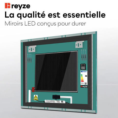 Miroir LED Carré | boutons tactiles | Fonction Anti-Buée | Lumière blanche froide - Reyze Série Edge Modèle 3