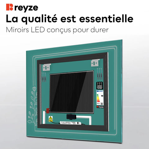 Miroir LED Carré | boutons tactiles | Fonction Anti-Buée | Lumière blanche froide - Reyze Série Good Vibes Modèle 2