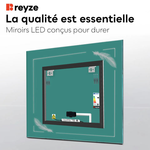 Miroir LED Carré | Bouton Tactile | Lumière blanche froide - Reyze Série Good Vibes Modèle 3