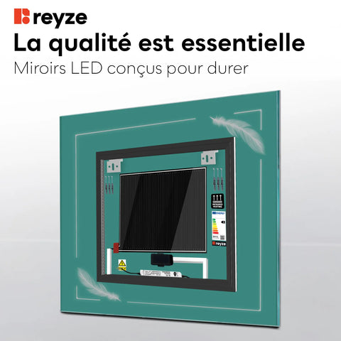 Miroir LED Carré | boutons tactiles | Fonction Anti-Buée | Lumière blanche froide - Reyze Série Good Vibes Modèle 3