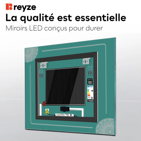 Miroir LED Carré | boutons tactiles | Fonction Anti-Buée | Lumière blanche neutre - Reyze Série Good Vibes Modèle 7