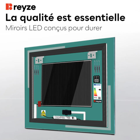 Miroir LED Carré | boutons tactiles | Fonction Anti-Buée | Lumière Blanche Chaude - Reyze Série Minimal Modèle 2