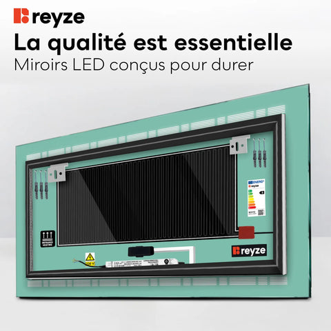 Miroir LED Horizontal | boutons tactiles | Fonction Anti-Buée | Lumière blanche froide - Reyze Série Minimal Modèle 3