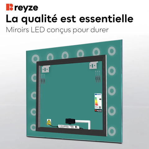 Miroir LED Carré | Bouton Tactile | Lumière Blanche Chaude - Reyze Série Minimal Modèle 4