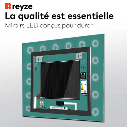 Miroir LED Carré | boutons tactiles | Fonction Anti-Buée | Lumière Blanche Chaude - Reyze Série Minimal Modèle 4