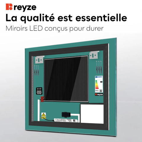 Miroir LED Carré | boutons tactiles | Fonction Anti-Buée | Lumière blanche froide - Reyze Série Motivated Modèle 8