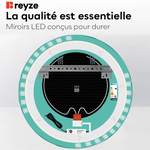 Miroir LED Rond | boutons tactiles | Fonction Anti-Buée | Lumière blanche froide - Reyze Série Edge Modèle 6
