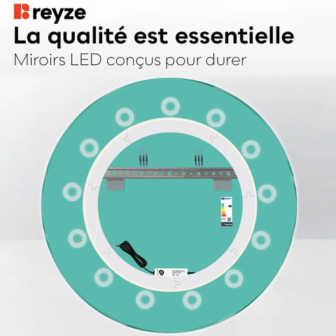 Miroir LED Rond | Sans Boutons Tactiles | Lumière Blanche Chaude - Reyze Série Minimal Modèle 4