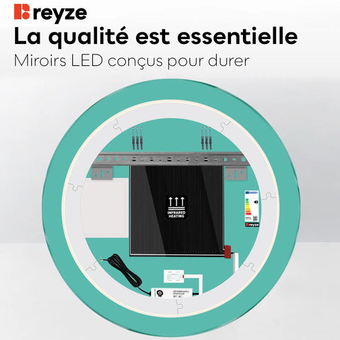 Miroir LED Rond | boutons tactiles | Fonction Anti-Buée | Lumière blanche froide - Reyze Série Motivated Modèle 7