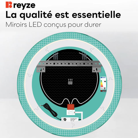 Miroir LED Rond | boutons tactiles | Fonction Anti-Buée | Lumière blanche froide - Reyze Série Official Modèle 3