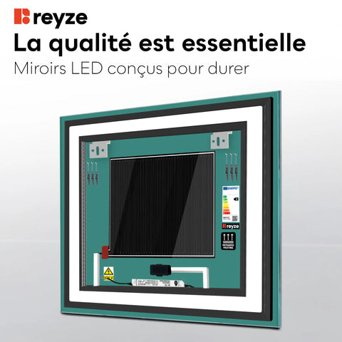 Miroir LED Carré | boutons tactiles | Fonction Anti-Buée | Lumière blanche froide - Reyze Série Salono Modèle 3