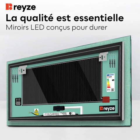 Miroir LED Horizontal | boutons tactiles | Fonction Anti-Buée | Lumière blanche froide - Reyze Série Simetria Modèle 6
