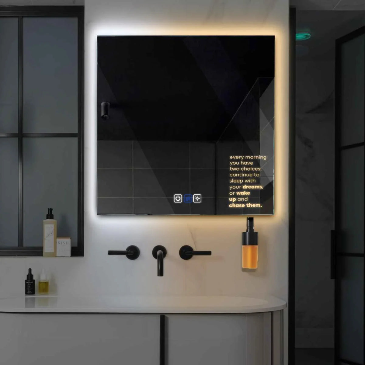 Miroir LED Carré | boutons tactiles | Fonction Anti-Buée | Température de couleur réglable - Reyze Série Motivated Modèle 2