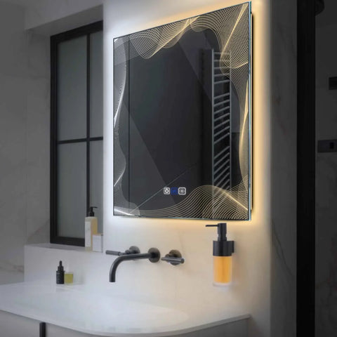 Miroir LED Carré | boutons tactiles | Fonction Anti-Buée | Température de couleur réglable - Reyze Série Simetria Modèle 3