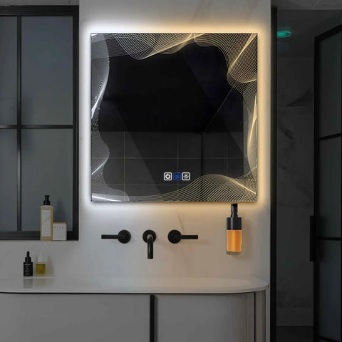 Miroir LED Carré | boutons tactiles | Fonction Anti-Buée | Température de couleur réglable - Reyze Série Simetria Modèle 3