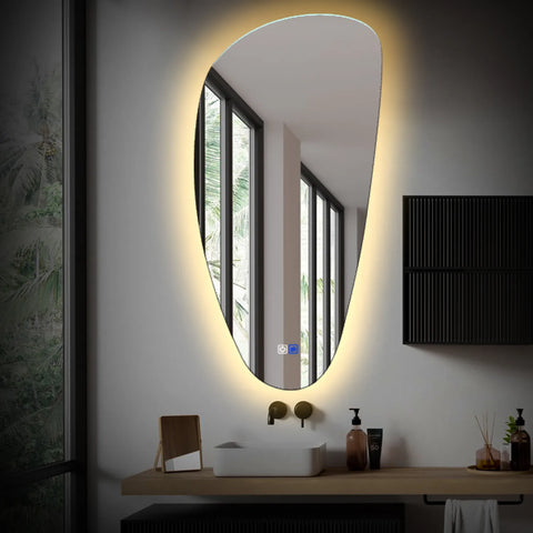 Miroir LED Asymétrique Vertical | boutons tactiles | Fonction Anti-Buée | Lumière Blanche Chaude - Reyze Série Ambient Modèle 1
