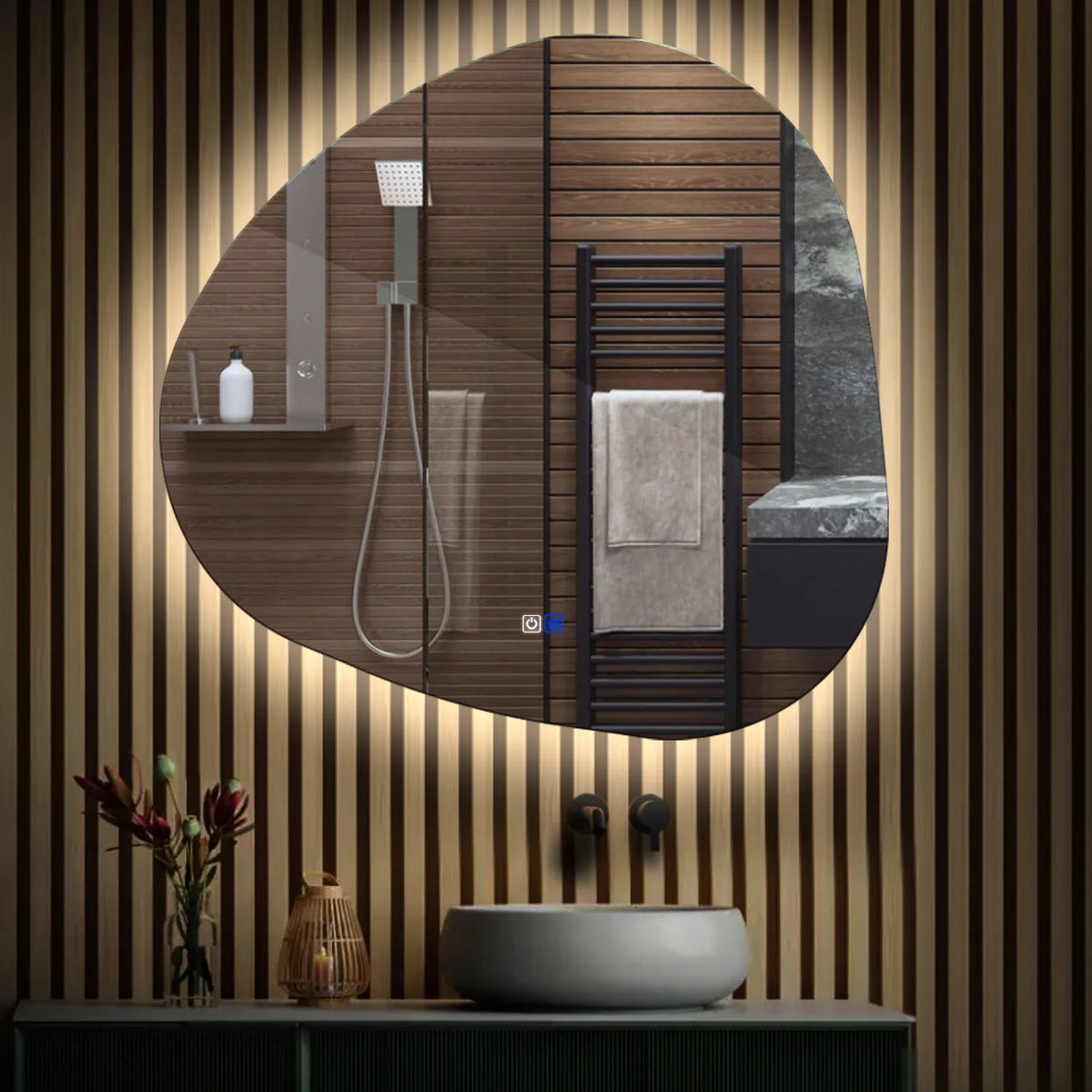 Miroir LED Asymétrique | boutons tactiles | Fonction Anti-Buée | Lumière blanche neutre - Reyze Série Ambient Modèle 1