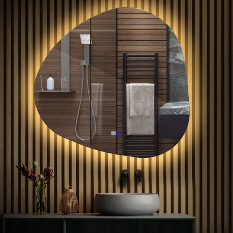 Miroir LED Asymétrique | boutons tactiles | Fonction Anti-Buée | Lumière Blanche Chaude - Reyze Série Ambient Modèle 1