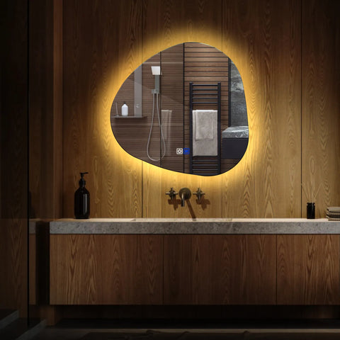 Miroir LED Asymétrique | boutons tactiles | Fonction Anti-Buée | Lumière Blanche Chaude - Reyze Série Ambient Modèle 1
