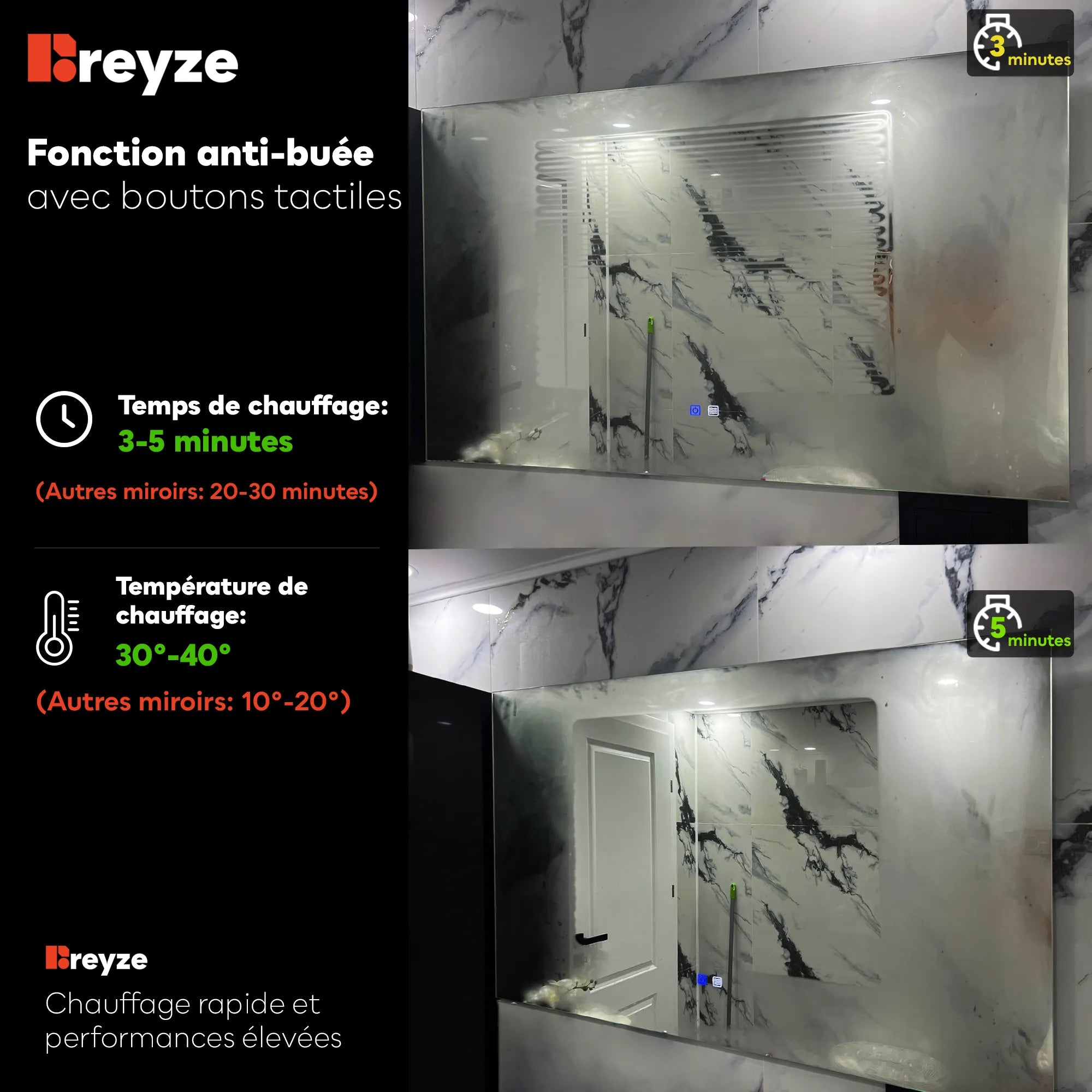 Miroir LED Carré | boutons tactiles | Fonction Anti-Buée | Lumière blanche froide - Reyze Série Salono Modèle 8