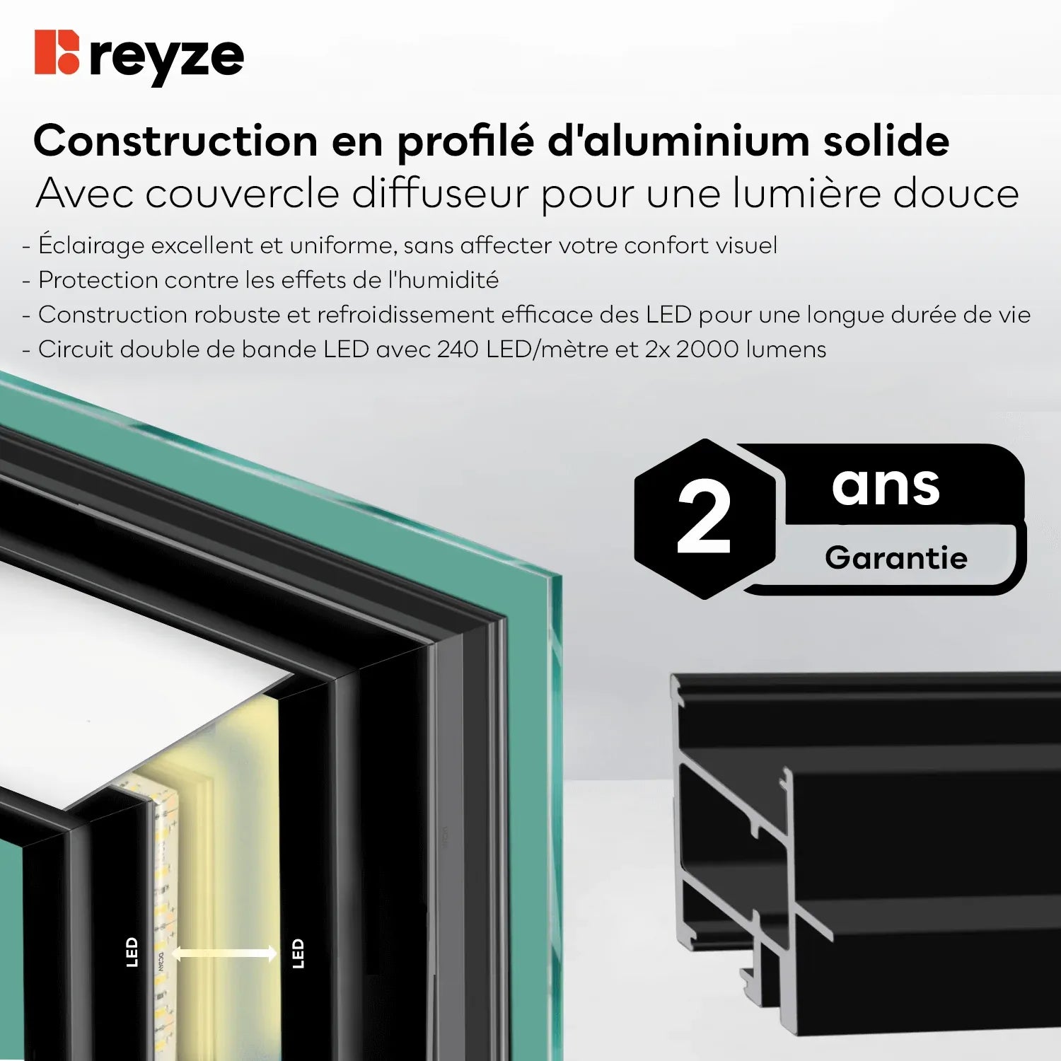 Miroir LED Carré | Sans Boutons Tactiles | Lumière blanche froide - Reyze Série Salono Modèle 8
