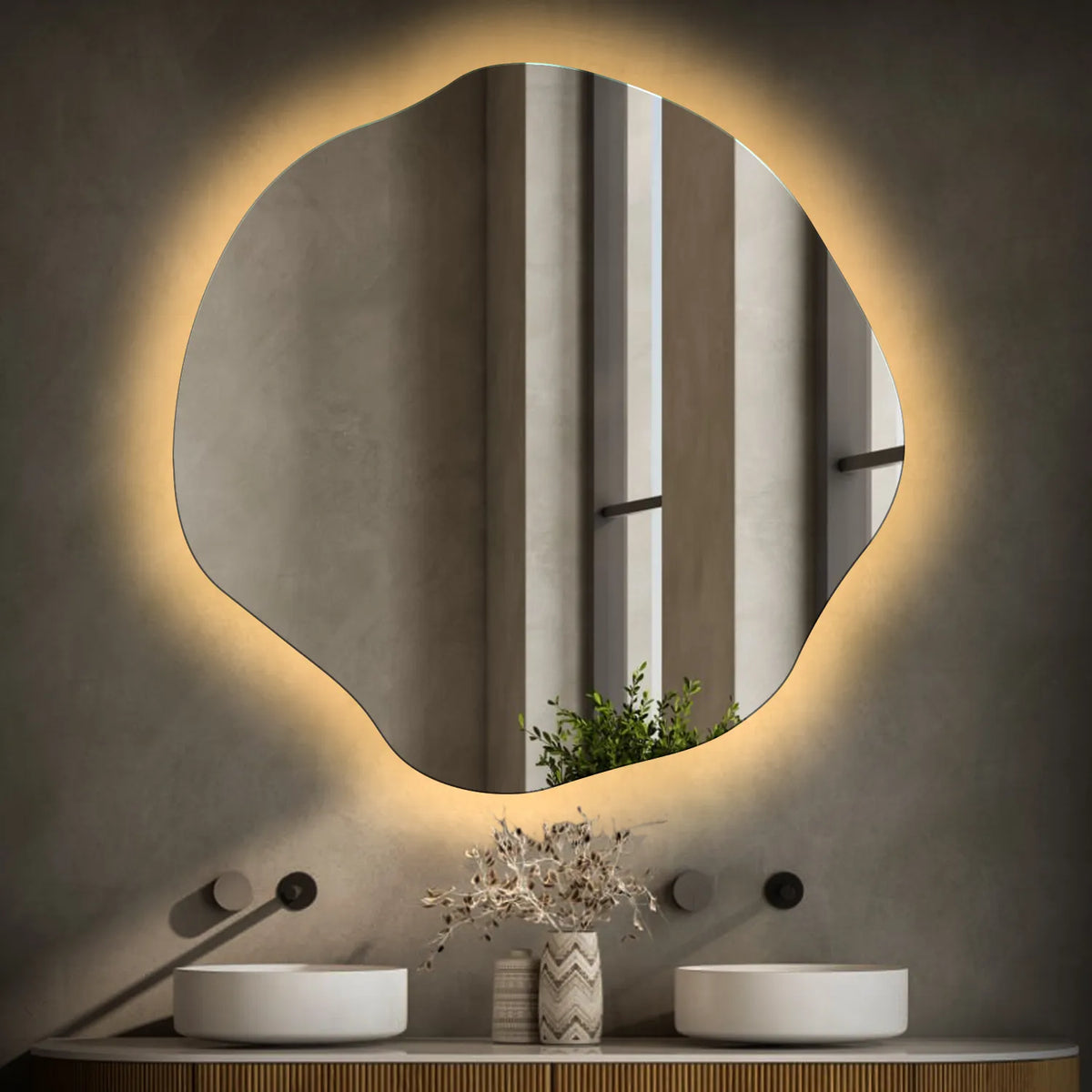 Miroir LED Asymétrique Ovale | Sans Boutons Tactiles | Lumière Blanche Chaude - Reyze Série Ambient Modèle 1