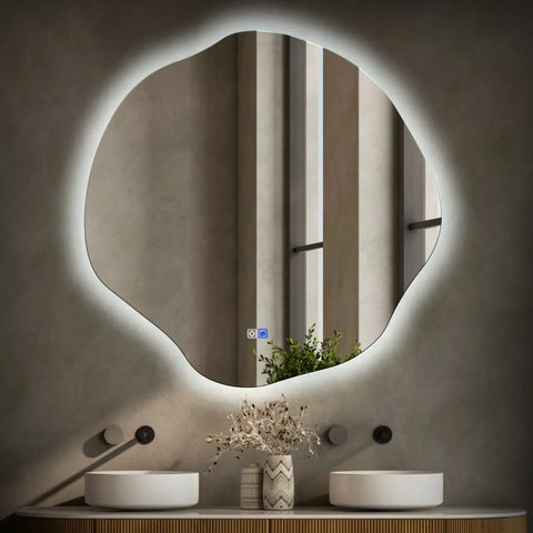 Miroir LED Asymétrique Ovale | boutons tactiles | Fonction Anti-Buée | Lumière blanche froide - Reyze Série Ambient Modèle 1