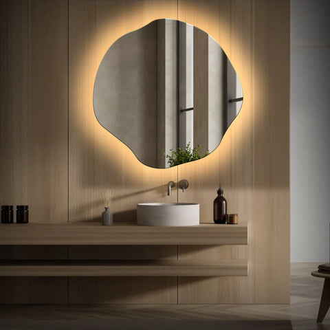Miroir LED Asymétrique Ovale | Sans Boutons Tactiles | Lumière Blanche Chaude - Reyze Série Ambient Modèle 1