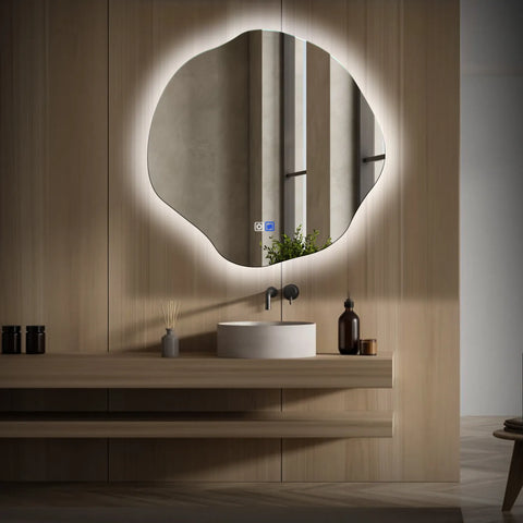 Miroir LED Asymétrique Ovale | boutons tactiles | Fonction Anti-Buée | Lumière blanche froide - Reyze Série Ambient Modèle 1
