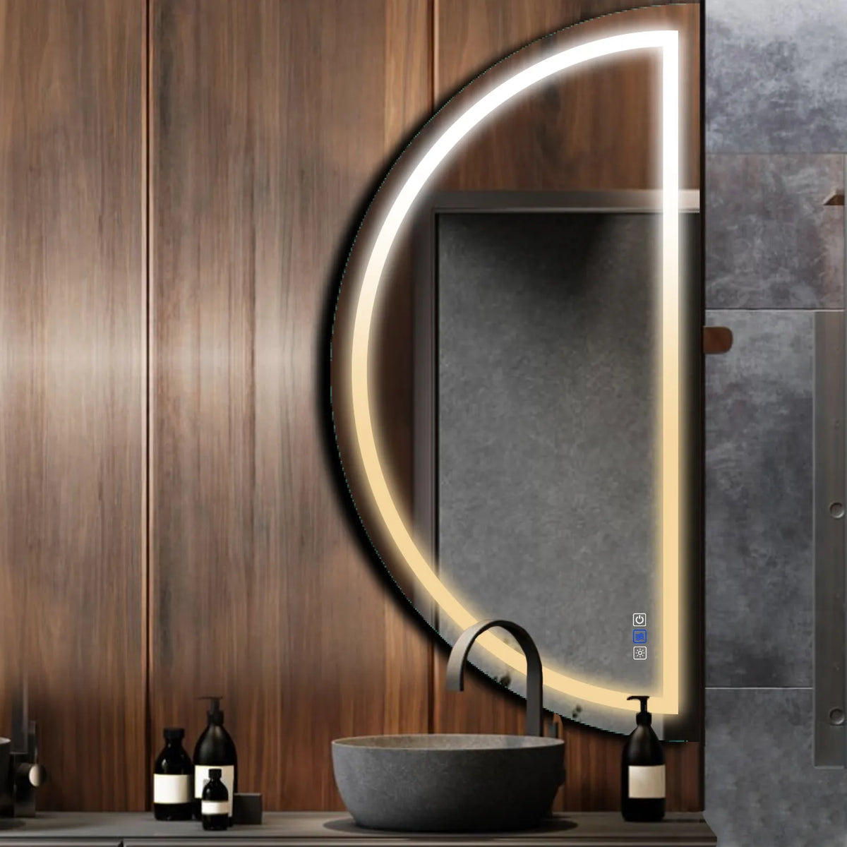 Miroir LED Demi-Lune | boutons tactiles | Fonction Anti-Buée | Température de couleur réglable - Reyze Série Salono Modèle 1 - Côté Droit